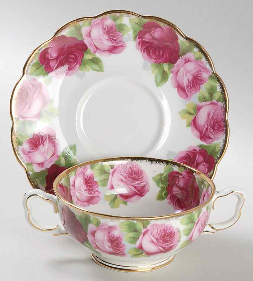 Old English Rose (Brushed Gold Trim) Footed Cream Soup Bowl & Saucer Set by Royal Albert-1