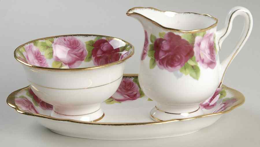 Old English Rose (Brushed Gold Trim) Mini Creamer & Open Sugar with Tray by Royal Albert-1
