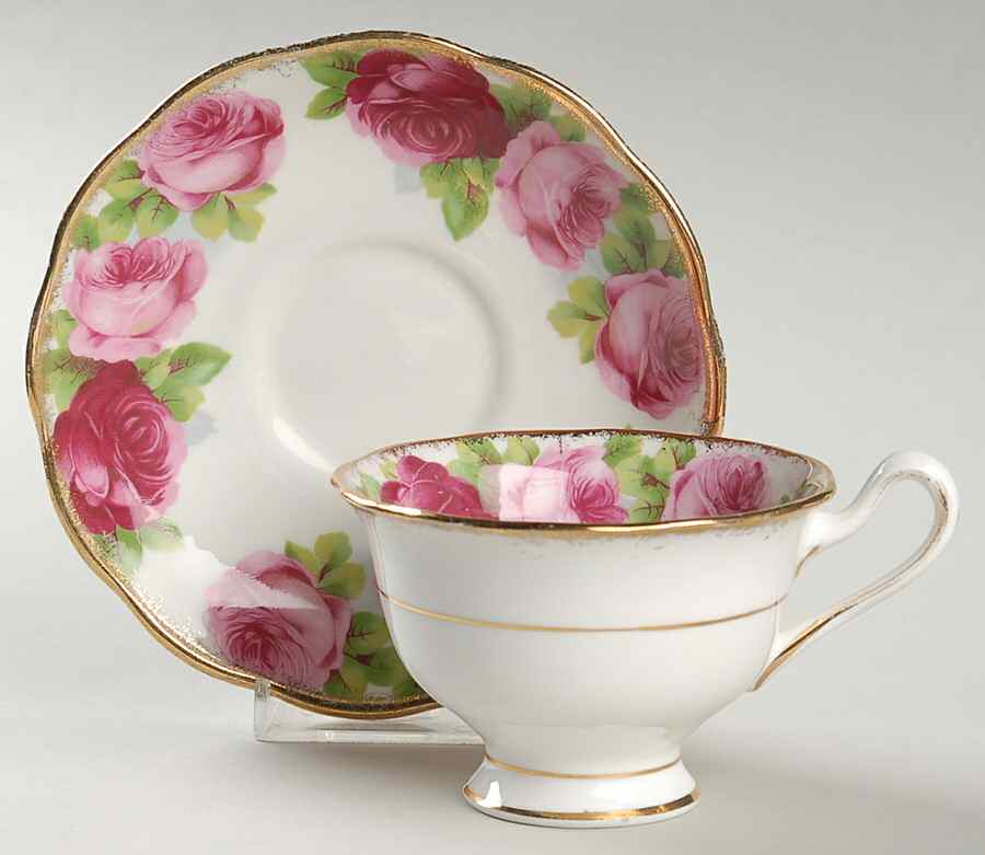 Old English Rose (Brushed Gold Trim) Footed Cup & Saucer Set by Royal Albert-1