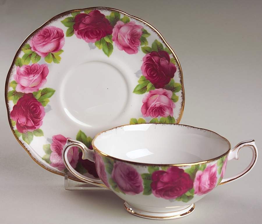 Old English Rose (Brushed Gold Trim) Footed Cream Soup Bowl & Saucer Set by Royal Albert-1