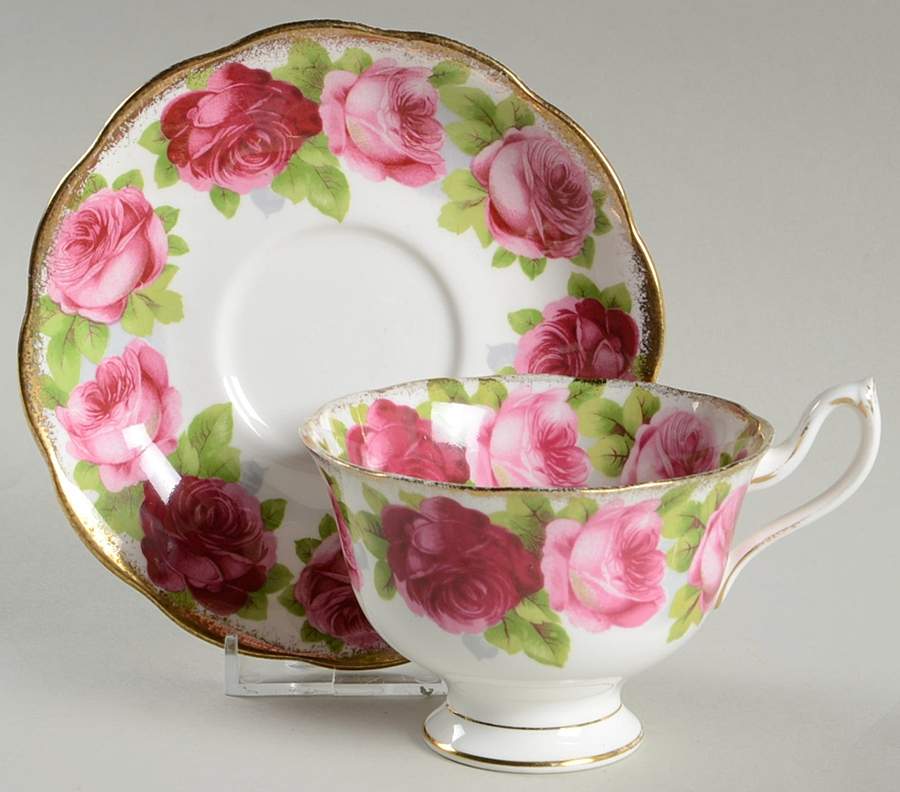 Old English Rose (Brushed Gold Trim) Footed Cup & Saucer Set by Royal Albert-1