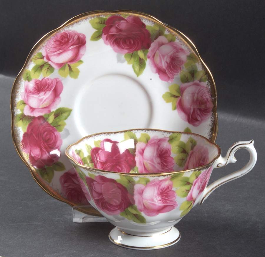 Old English Rose (Brushed Gold Trim) Footed Cup & Saucer Set by Royal Albert-1