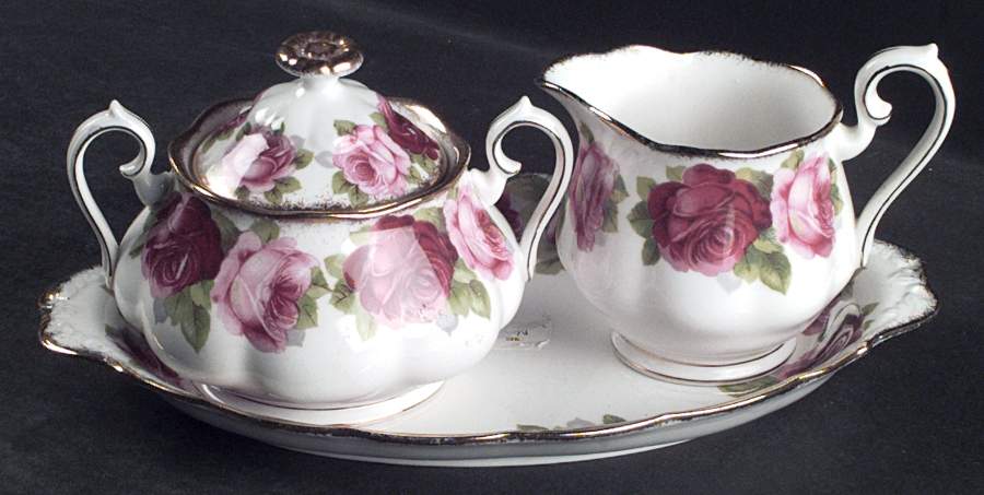 Old English Rose (Brushed Gold Trim) Creamer & Sugar with Lid & Tray Set by Royal Albert-1