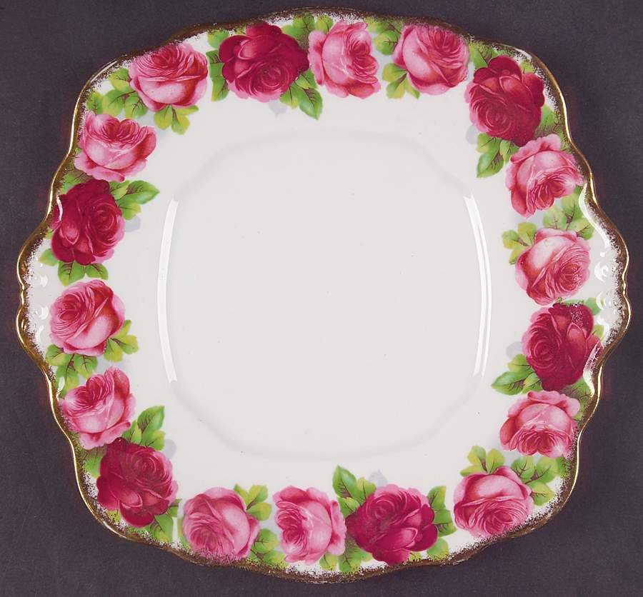 Old English Rose (Brushed Gold Trim) Square Handled Cake Plate by Royal Albert-1