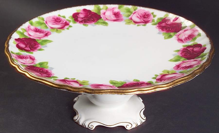 Old English Rose (Brushed Gold Trim) 9" Pedestal Cake Stand by Royal Albert-1