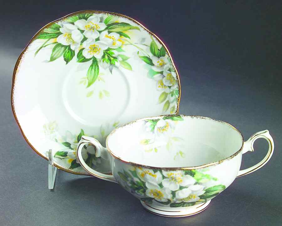 Orange Blossom (Gold Trim) Footed Cream Soup Bowl & Saucer Set by Royal Albert-1