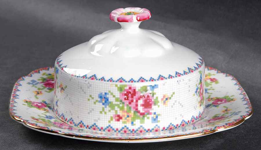 Petit Point Round Covered Butter (Uses Square Bread & Butter Plate) by Royal Albert-1