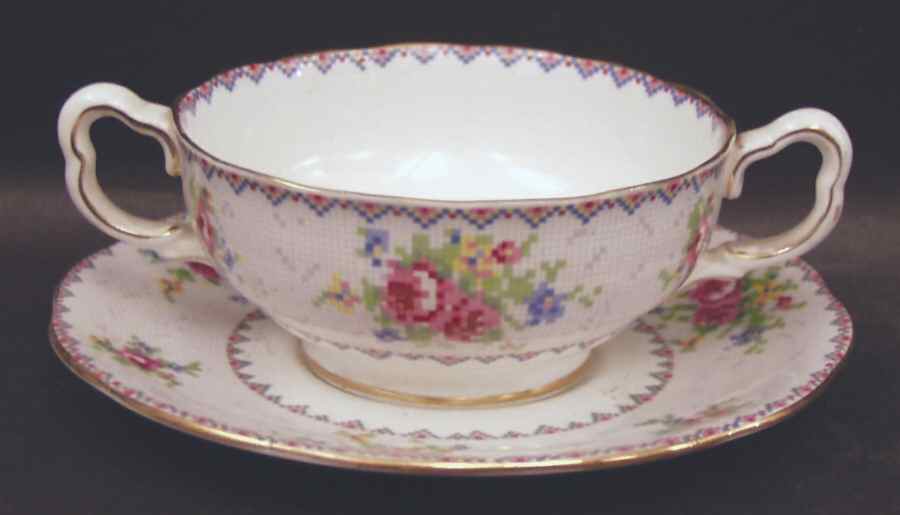 Petit Point Footed Cream Soup Bowl & Saucer Set by Royal Albert-1