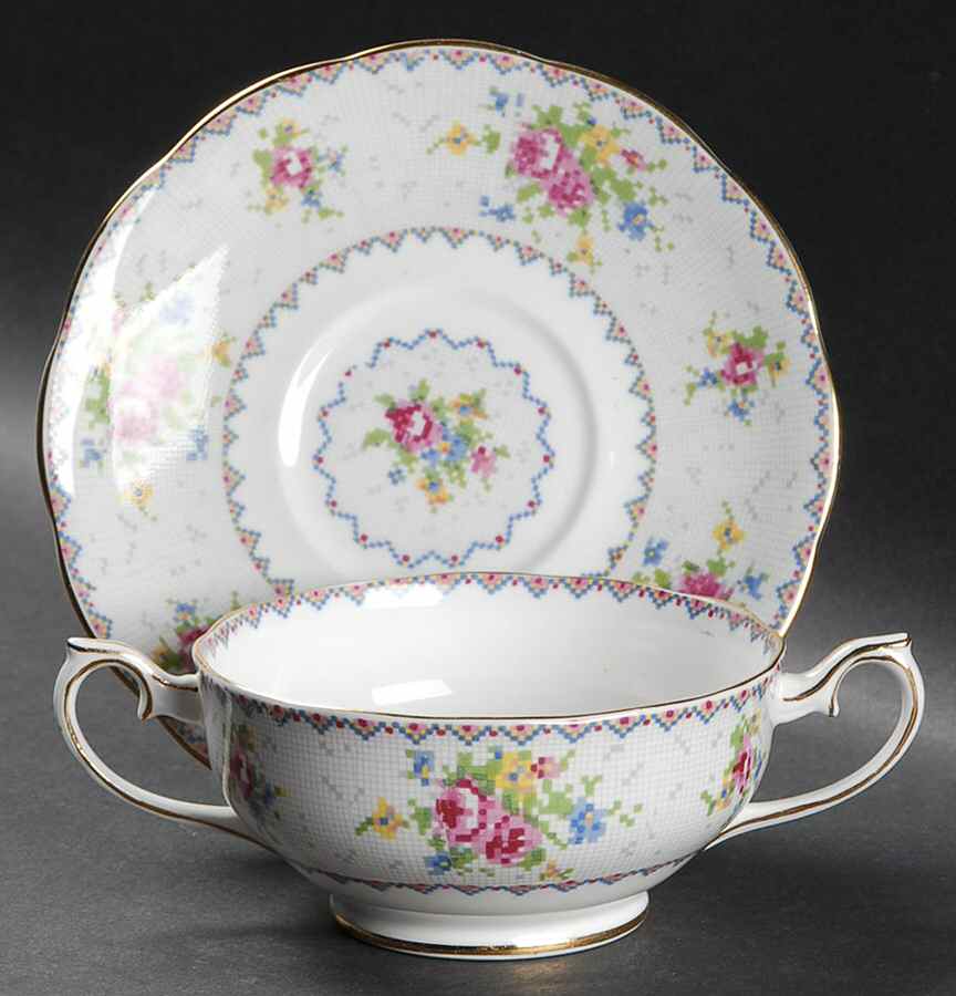 Petit Point Footed Cream Soup Bowl & Saucer Set by Royal Albert-1