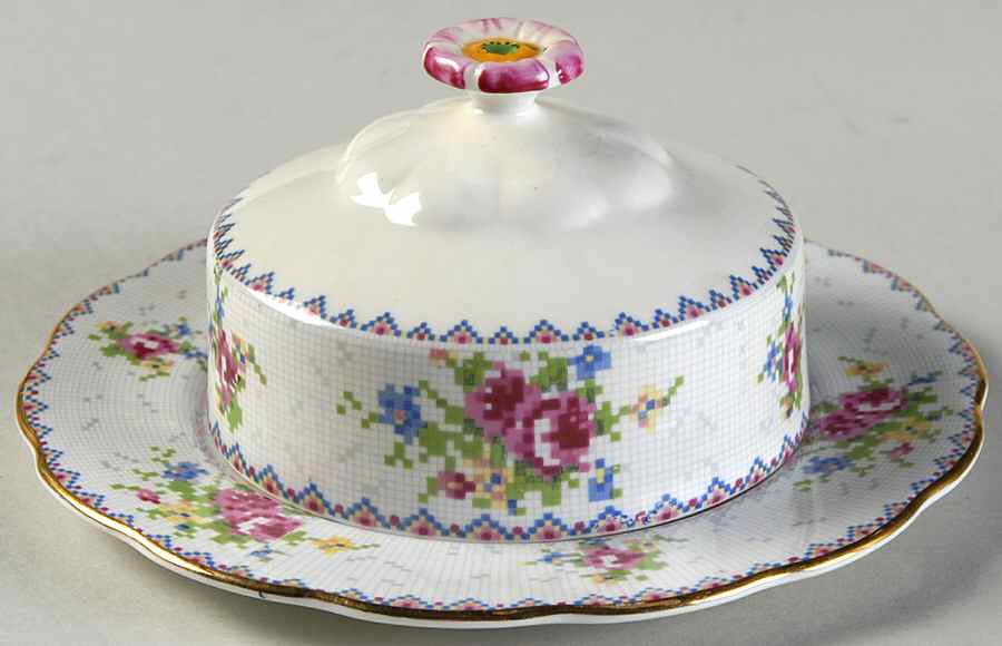 Petit Point Round Covered Butter (Uses Bread & Butter Plate) by Royal Albert-1