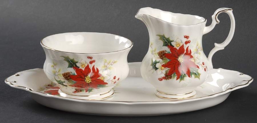 Poinsettia Creamer & Open Sugar with Tray by Royal Albert-1