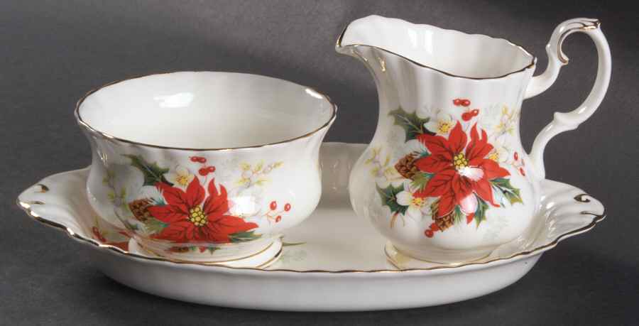 Poinsettia Mini Creamer & Open Sugar with Tray by Royal Albert-1