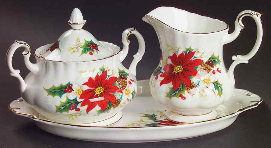 Poinsettia Creamer & Sugar with Lid & Tray Set by Royal Albert-1