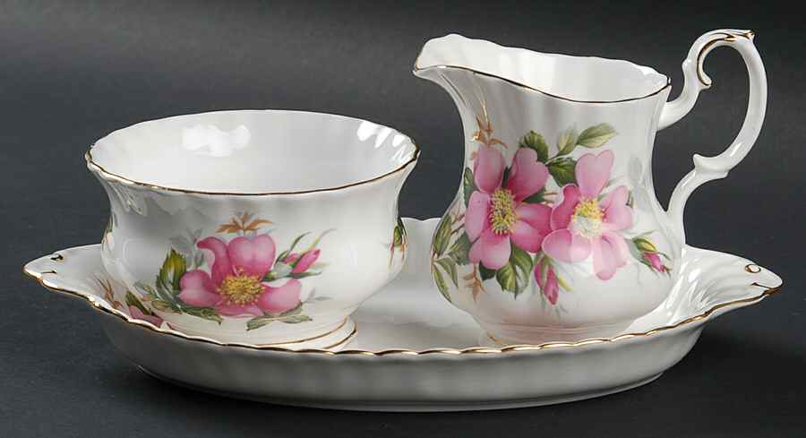 Prairie Rose Mini Creamer & Open Sugar with Tray by Royal Albert-1