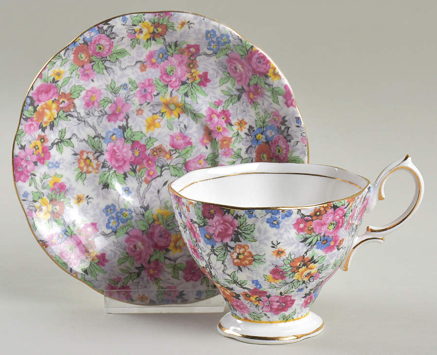 Rose Chintz (Bone China Bkstamp) Footed Cup & Saucer Set by Royal Albert-1