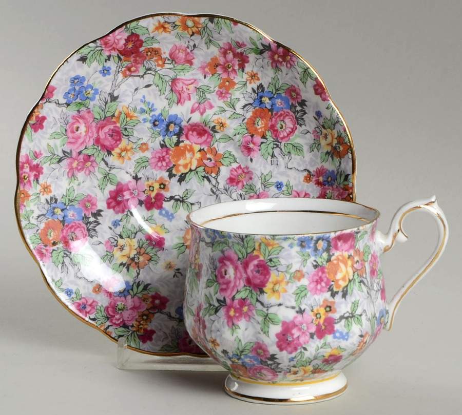 Rose Chintz (Bone China Bkstamp) Footed Cup & Saucer Set by Royal Albert-1