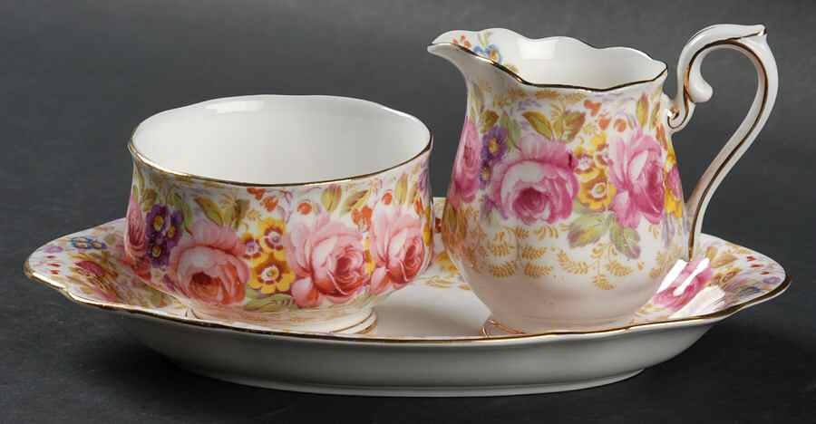 Serena (Thin Gold Trim) Mini Creamer & Open Sugar with Tray by Royal Albert-1