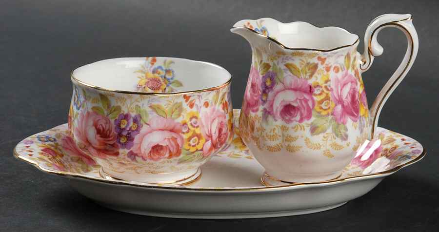 Serena (Thin Gold Trim) Mini Creamer&Open Sugar w/Tray(CRMM2+SUOM1+CSTMT2) by Royal Albert-1