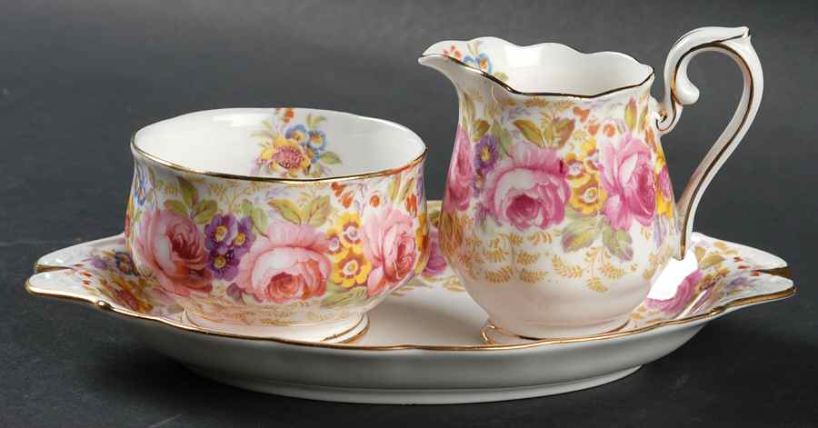 Serena (Thin Gold Trim) Mini Creamer &Open Sugar w/Tray(CRMM2+SUOM1+CSTMT1 by Royal Albert-1