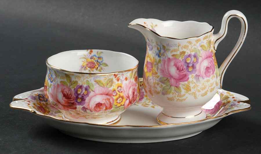 Serena (Thin Gold Trim) Mini Creamer & Open Sugar with Tray by Royal Albert-1