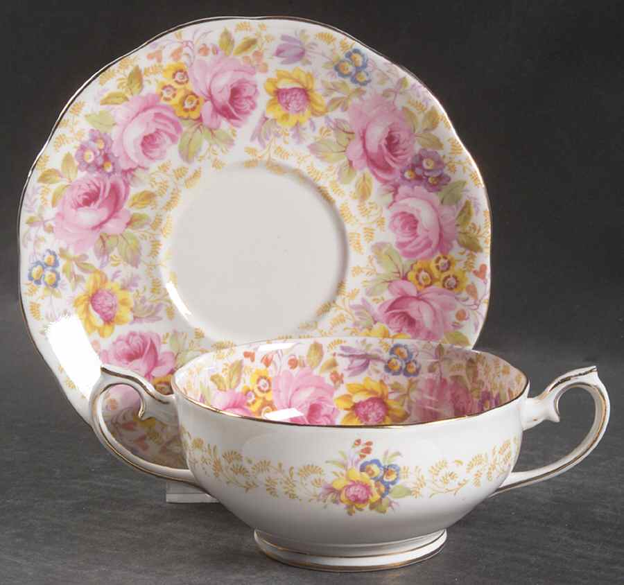 Serena (Thin Gold Trim) Footed Cream Soup Bowl & Saucer Set by Royal Albert-1