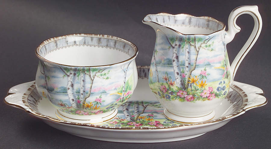 Silver Birch Mini Creamer & Open Sugar with Tray by Royal Albert-1
