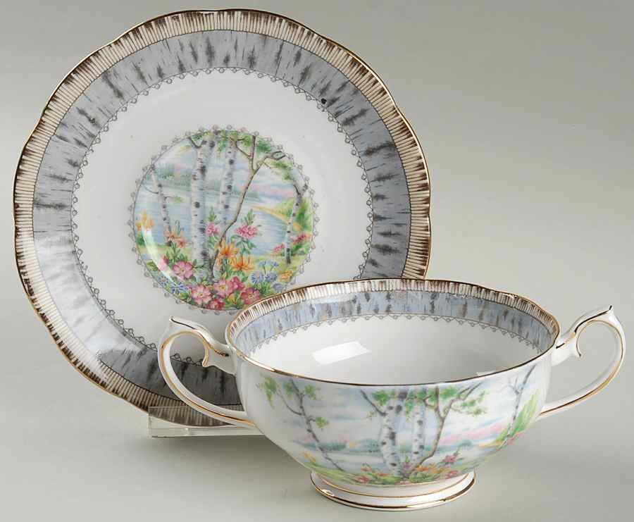 Silver Birch Footed Cream Soup Bowl & Saucer Set by Royal Albert-1