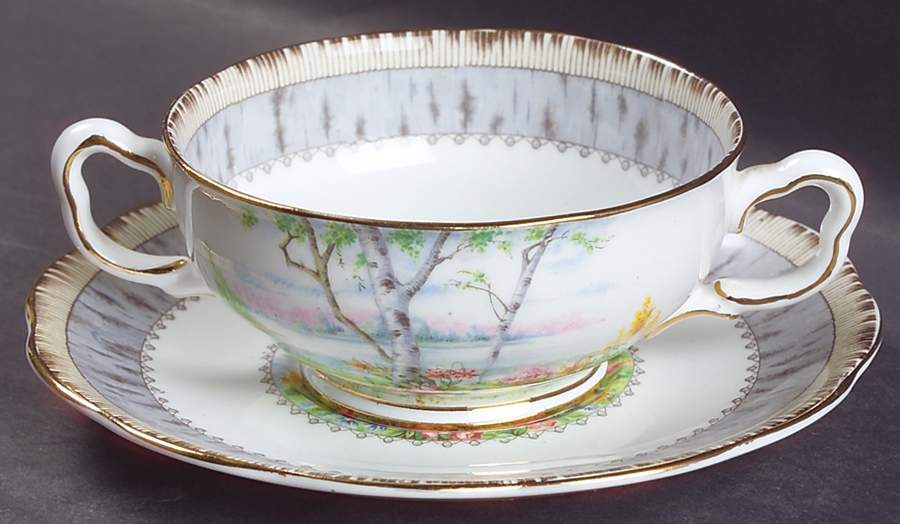Silver Birch Footed Cream Soup Bowl & Saucer Set by Royal Albert-1