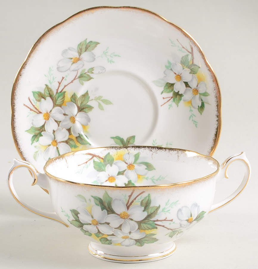 White Dogwood (Brushed Gold Grim Footed Cream Soup Bowl & Saucer Set by Royal Albert-1