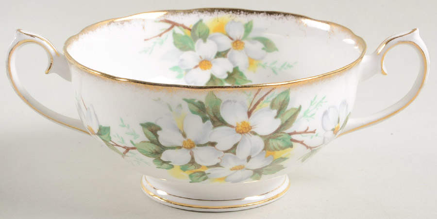 White Dogwood (Brushed Gold Grim Footed Cream Soup Bowl by Royal Albert-1