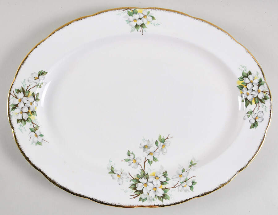 White Dogwood (Brushed Gold Grim 16" Oval Serving Platter by Royal Albert-1