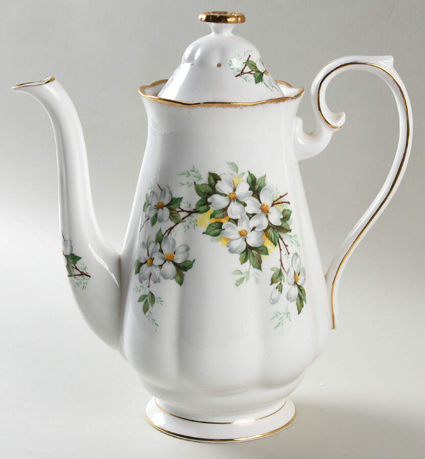 White Dogwood (Brushed Gold Grim Coffee Pot & Lid by Royal Albert-1
