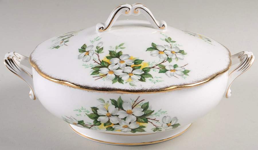 White Dogwood (Brushed Gold Grim Round Covered Vegetable by Royal Albert-1