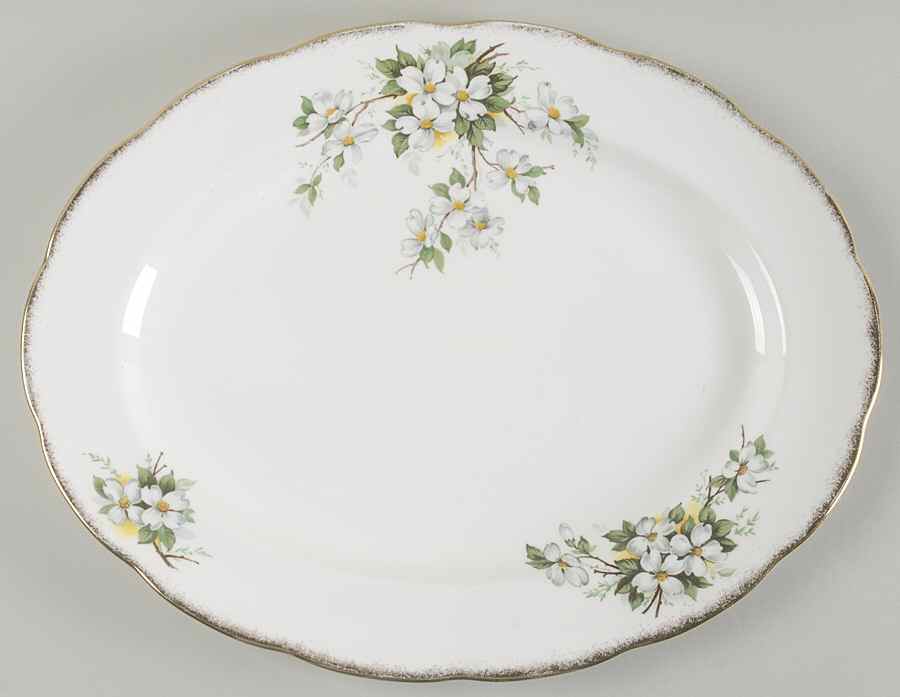 White Dogwood (Brushed Gold Grim 15" Oval Serving Platter by Royal Albert-1