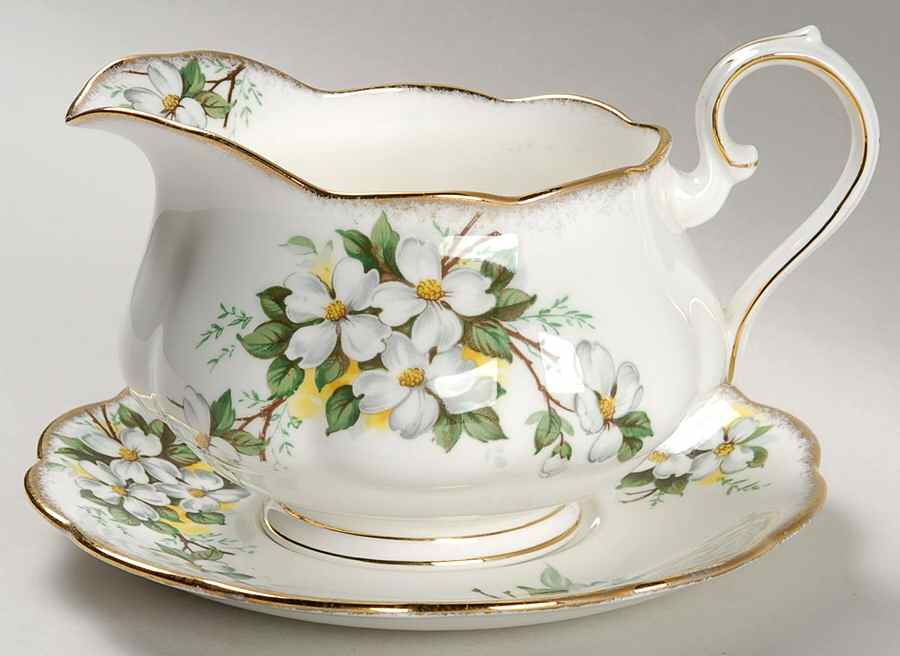 White Dogwood (Brushed Gold Grim Gravy Boat & Underplate by Royal Albert-1