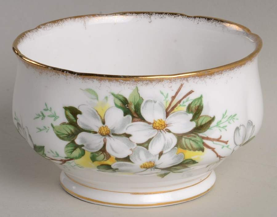White Dogwood (Brushed Gold Grim Open Sugar Bowl by Royal Albert-1