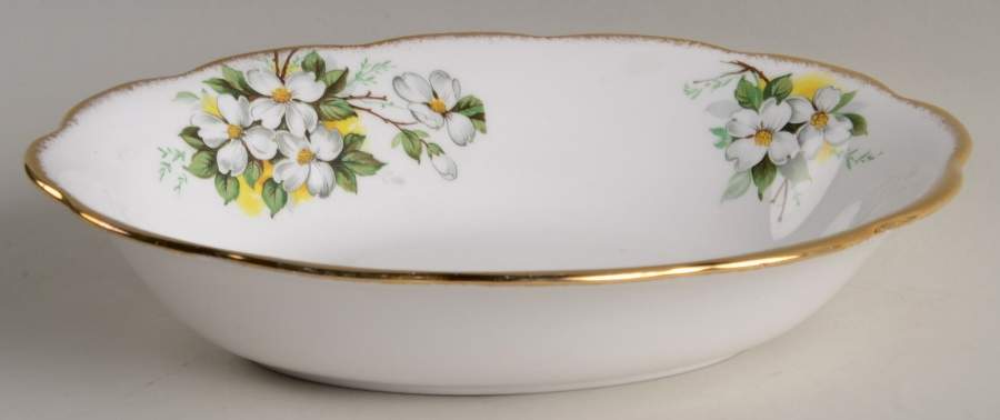 White Dogwood (Brushed Gold Grim 9" Oval Vegetable Bowl by Royal Albert-1