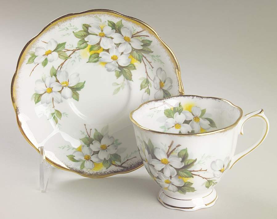White Dogwood (Brushed Gold Grim Footed Cup & Saucer Set by Royal Albert-1