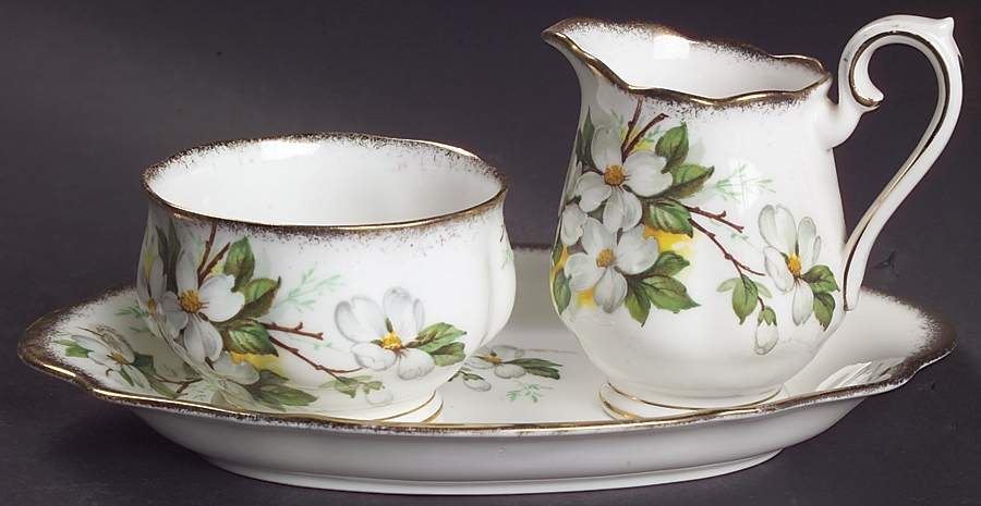 White Dogwood (Brushed Gold Grim Mini Creamer & Open Sugar with Tray by Royal Albert-1