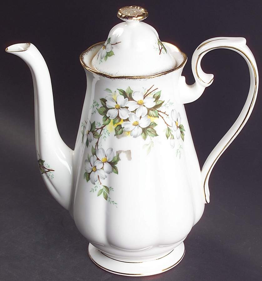 White Dogwood (Brushed Gold Grim Coffee Pot & Lid by Royal Albert-1