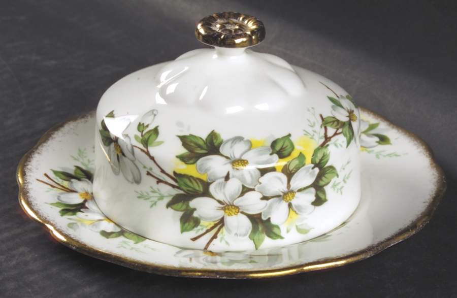 White Dogwood (Brushed Gold Grim Round Covered Butter (Uses Bread & Butter Plate) by Royal Albert-1