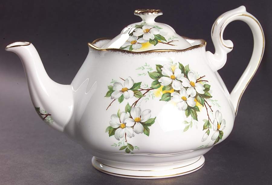 White Dogwood (Brushed Gold Grim Teapot & Lid by Royal Albert-1