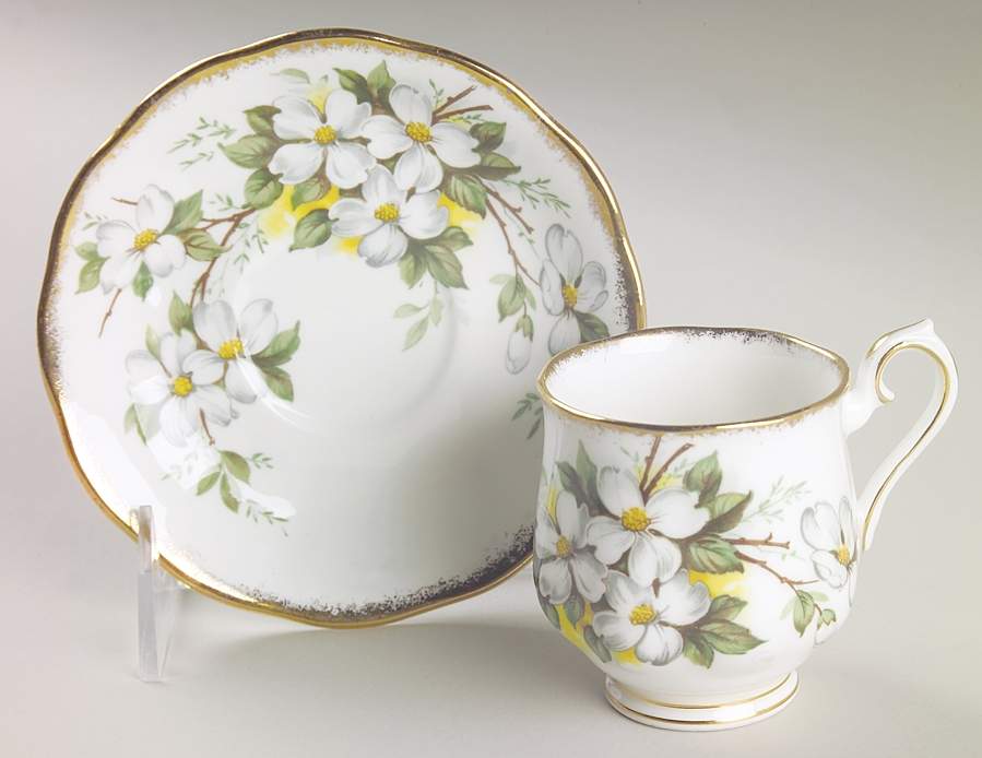 White Dogwood (Brushed Gold Grim Footed Demitasse Cup & Saucer Set by Royal Albert-1