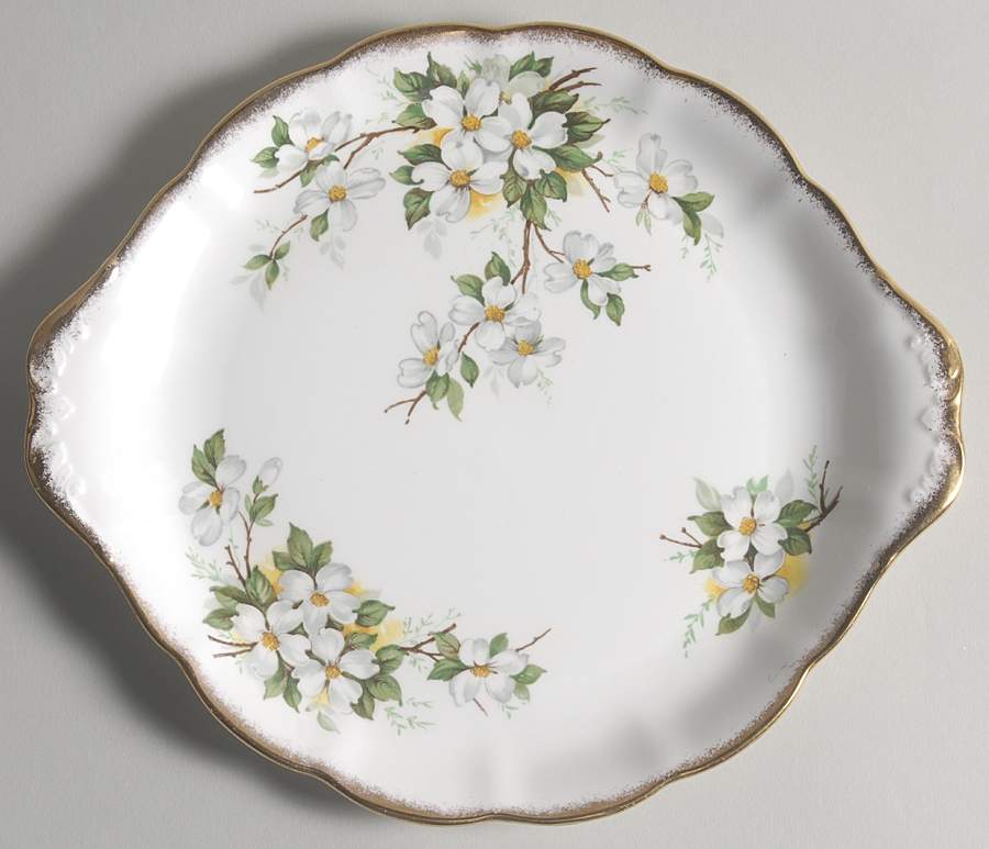 White Dogwood (Brushed Gold Grim Handled Cake Plate by Royal Albert-1