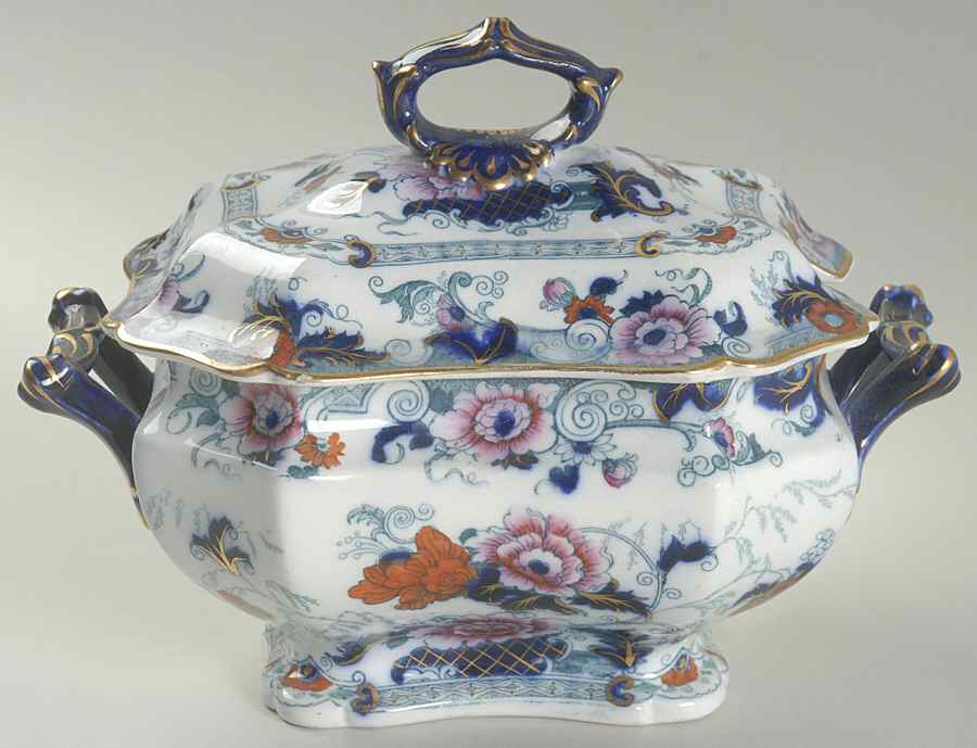 Bentick Blue (Gold Trim) Sauce Boat & Lid by Royal Cauldon-1