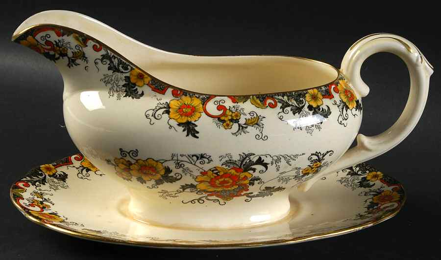 Bentick (Black) Gravy Boat with Attached Underplate by Royal Cauldon-1