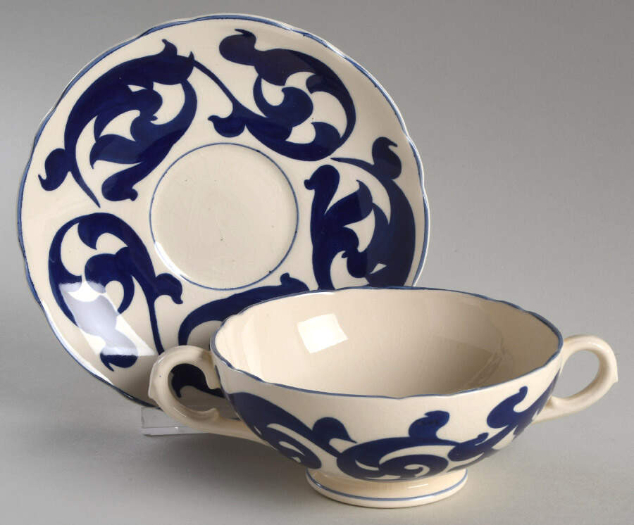 Blue Scroll Footed Cream Soup Bowl & Saucer Set by Royal Cauldon-1