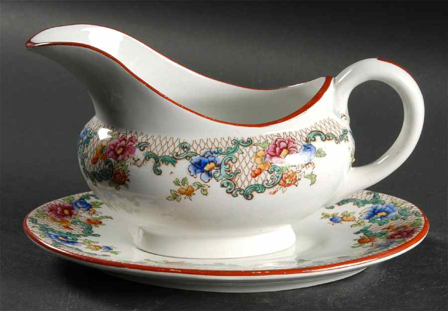 Floradora (Red Trim, Smooth) Gravy Boat & Underplate by Royal Cauldon-1