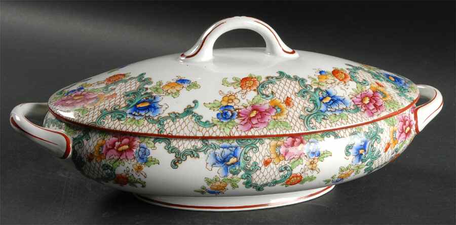 Floradora (Red Trim, Smooth) Oval Covered Vegetable by Royal Cauldon-1