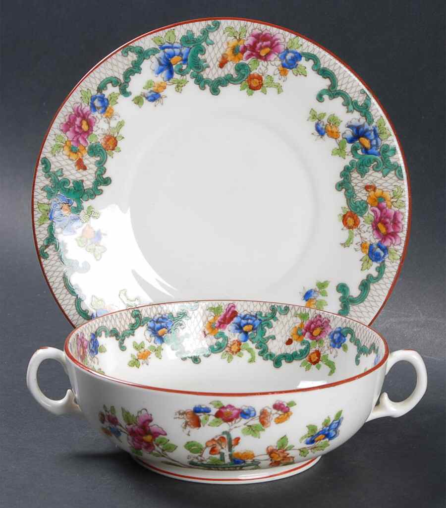 Floradora (Red Trim, Smooth) Footed Cream Soup Bowl & Saucer Set by Royal Cauldon-1
